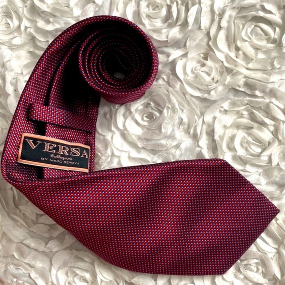 New Versa polka dot maroon orange and blue silk tie